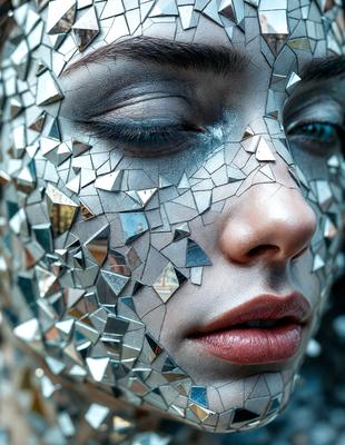 The primary subject of the image is a woman with a silver face mask. The setting is a room with a mirror, and the visual style is a close-up of the woman's face. The colors and mood of the image are silver and metallic, creating a futuristic and modern atmosphere.